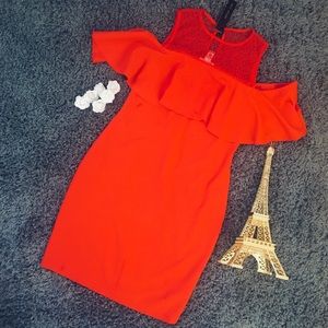 NWT Stunning red dress with lace neck and ruffle